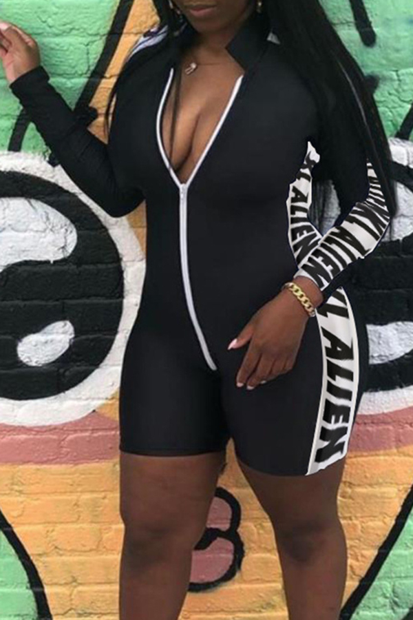 

Lovely Casual Zipper Design Black One-piece Romper