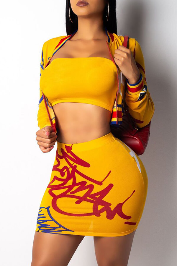 

Lovely Trendy Print Yellow Two-piece Skirt Set