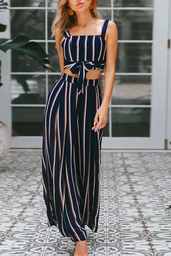 

Lovely Casual Striped Blue Two-piece Pants Set