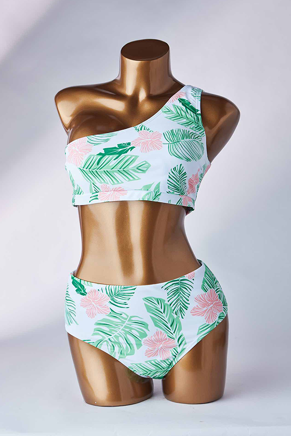 

Lovely One Shoulder Print Green Two-piece Swimsuit