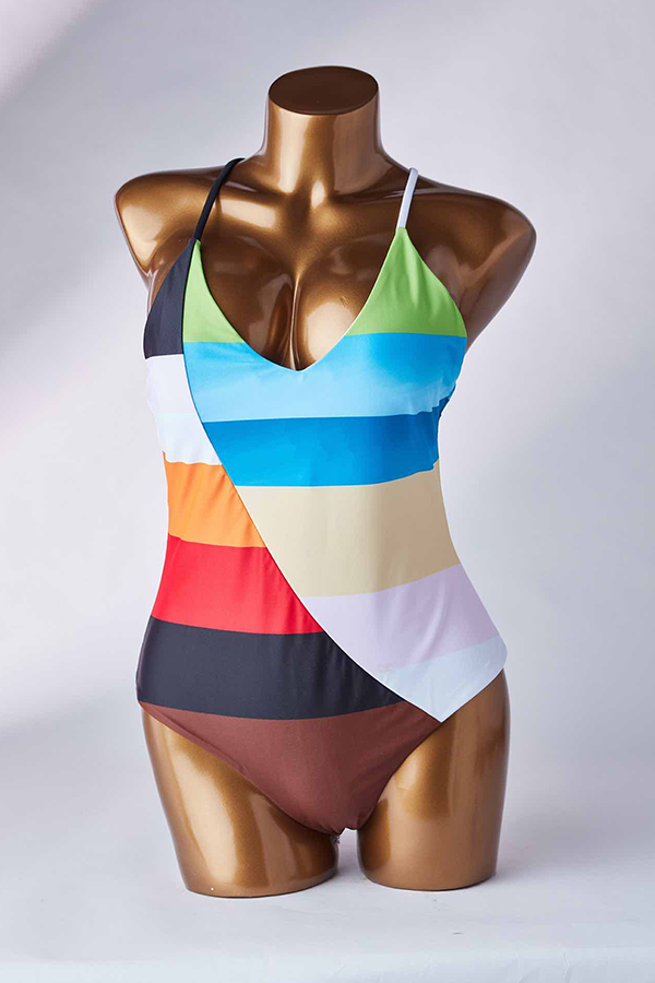 

Lovely Striped Print Multicolor One-piece Swimsuit, Multi
