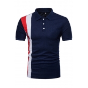 Lovely Casual Patchwork Navy Blue Polo Shirt