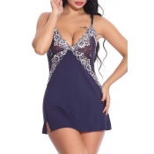 Lovely Sexy Patchwork Dark Blue Babydolls