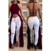 Lovely Sexy Asymmetrical Backless Wine Red Blouse