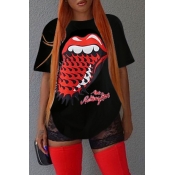 Lovely Leisure Lip Print Black T-shirt