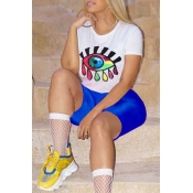 Lovely Casual Eye Print Blue Two-piece Shorts Set