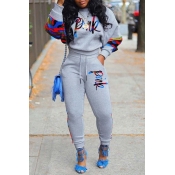 Lovely Casual O Neck Patchwork Grey Two-piece Pant
