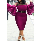 Lovely Casual Flounce Rose Red Mid Calf Plus Size 