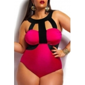 Lovely Plus Size Hollow-out Wine Red One-piece Swi