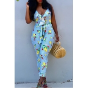 Lovely Trendy Print Baby Blue One-piece Jumpsuit