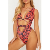 Lovely V Neck Red One-piece Swimsuit