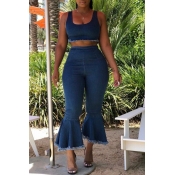 Lovely Stylish Crop Top Flounce Blue Two-piece Pan