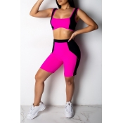 Lovely Casual Patchwork  Rose Red Two-piece Shorts