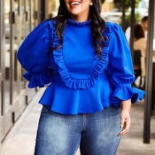Lovely Chic Flounce Blue Plus Size Blouse
