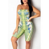 Lovely Chic Dew Shoulder Print Green One-piece Rom