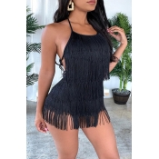 Lovely Casual Tassel Design Black One-piece Romper
