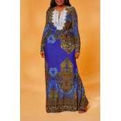 Lovely Casual Print Blue Maxi Plus Size Dress