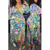 Lovely Casual V Neck Print Multicolor Maxi Plus Si