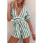Lovely Chic Deep V Neck Striped Green One-piece Ro