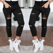 Lovely Casual Hollow-out Skinny Black Pants