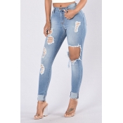 Lovely Trendy Hollow-out Baby Blue Jeans