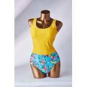 Lovely Floral Print Yellow Two-piece Swimsuit