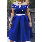 Lovely Chic Dot Print Royal Blue Knee Length Dress