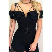 Lovely Casual  Flounce Black One-piece Romper