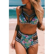 Lovely Hollow-out Print Green Two-piece Swimsuit
