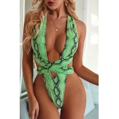 Lovely Hollow-out Print Green One-piece Swimsuit