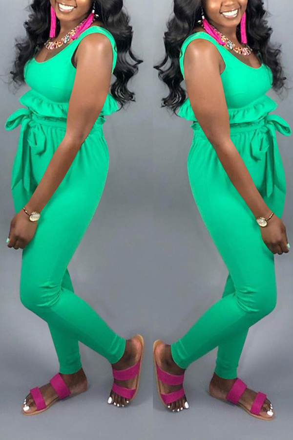 

Lovely Casual Flounce Green Two-piece Pants Set