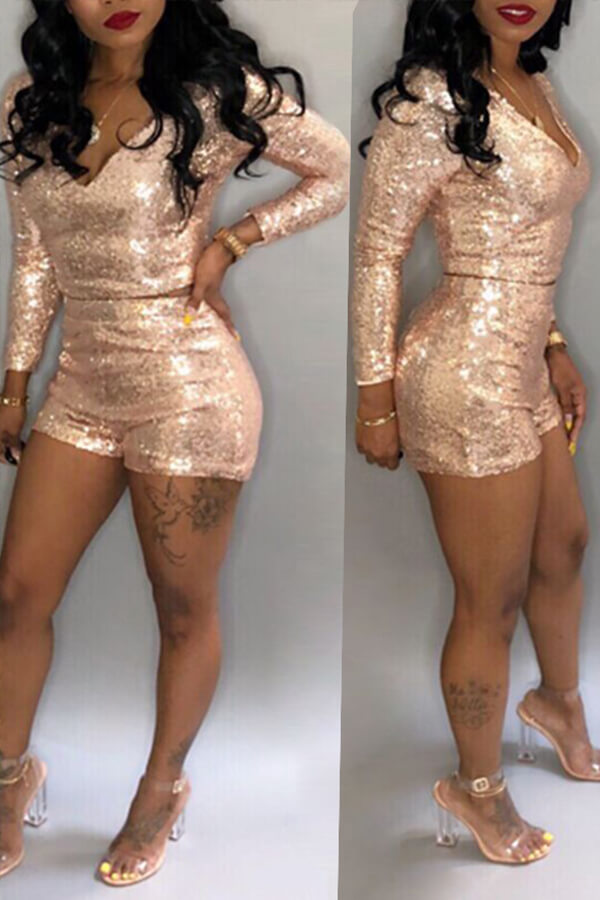 

LW SXY V Neck Gold Two-piece Shorts Set