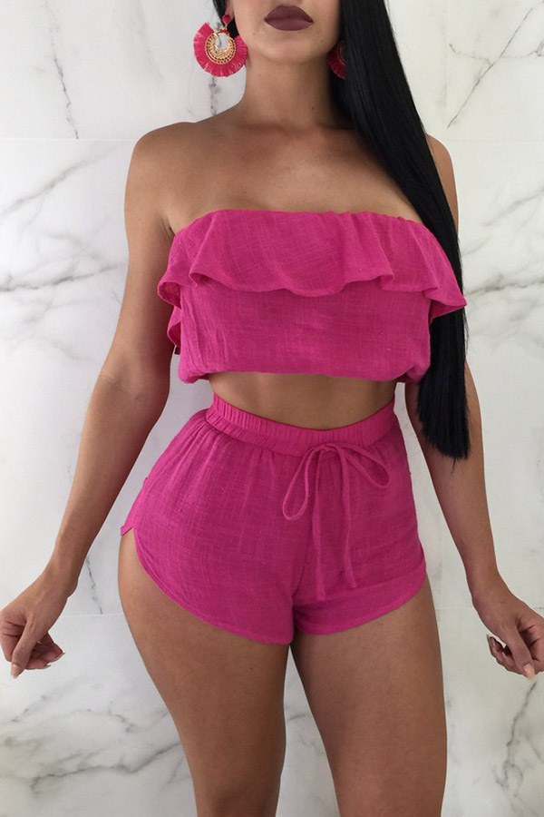 

Lovely Chic Flounce Rose Red Two-piece Shorts Set