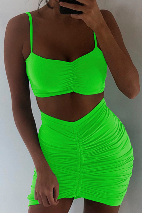 

Lovely Casual Fold Design Green Two-piece Skirt Set