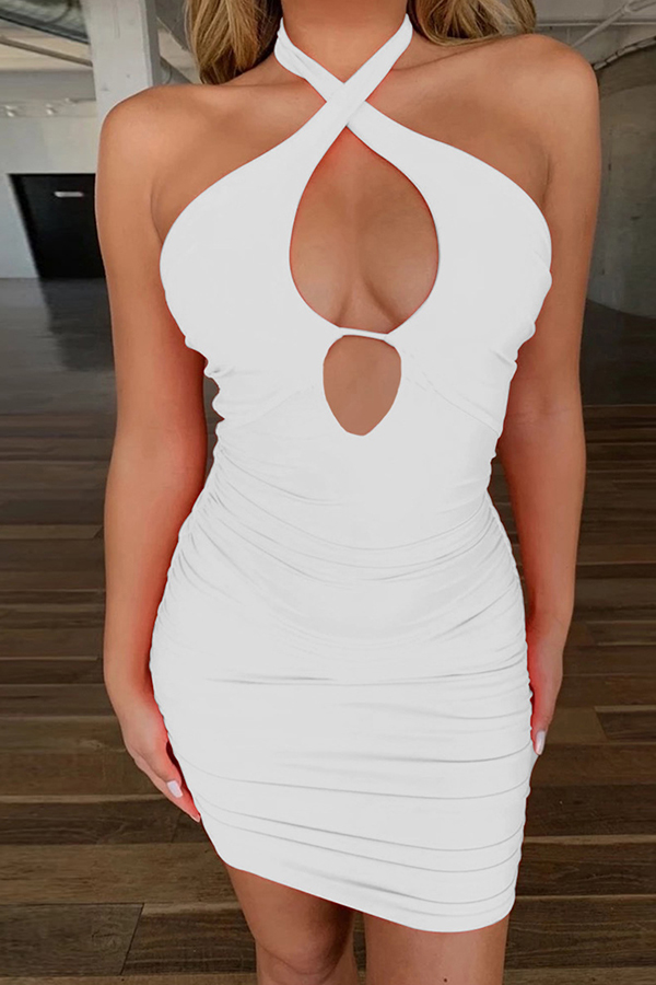 

Lovely Trendy Halter Hollow-out White Mini Dress