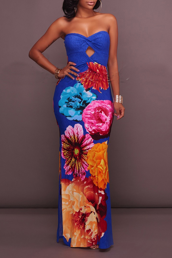 

Lovely Chic Dew Shoulder Print Blue Maxi Dress