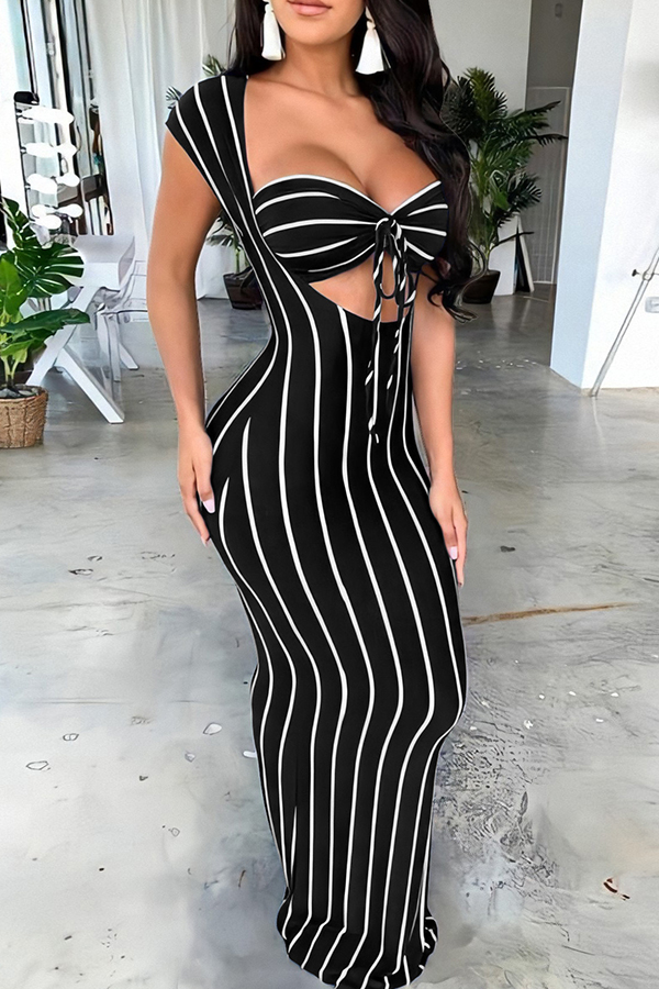 

Lovely Casual Striped Black Maxi OL Dress, Black stripe