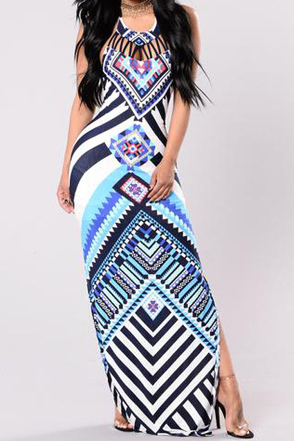 

Lovely Bohemian Print Skinny Blue Ankle Length Dress