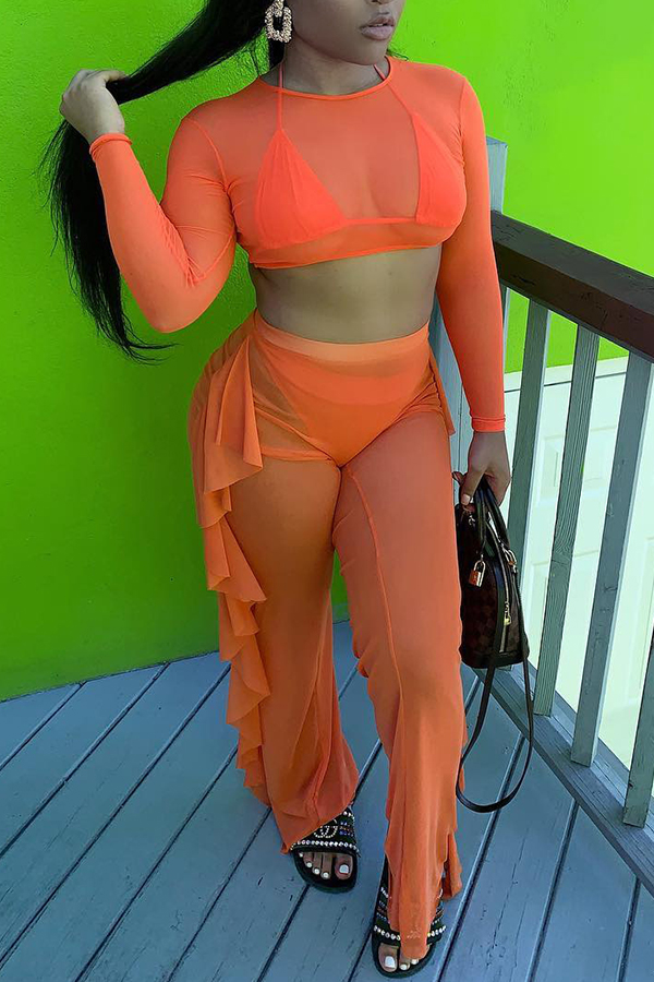 

Lovely Casual Flounce Orange Two-piece Pants Set