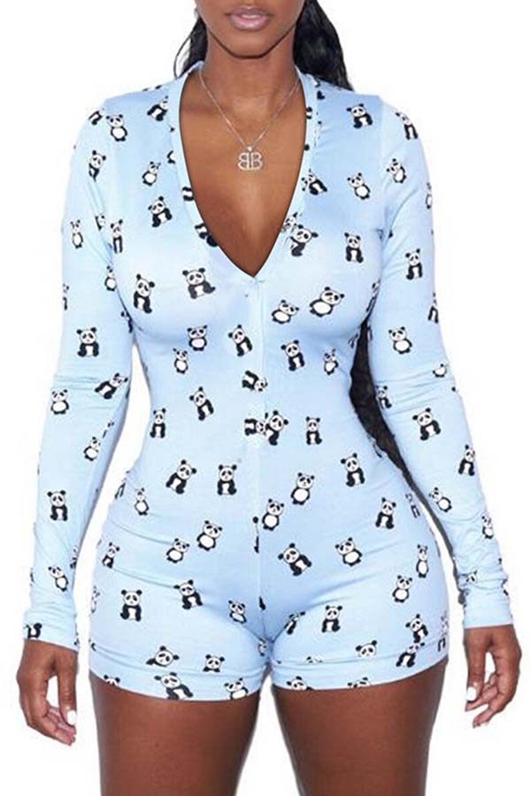 

Lovely Stylish Print Skinny Baby Blue One-piece Romper