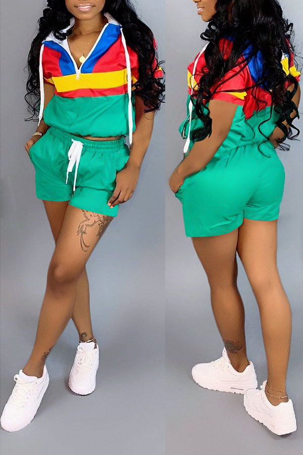 Lovely Chic Patchwork Black Two-piece Shorts Set