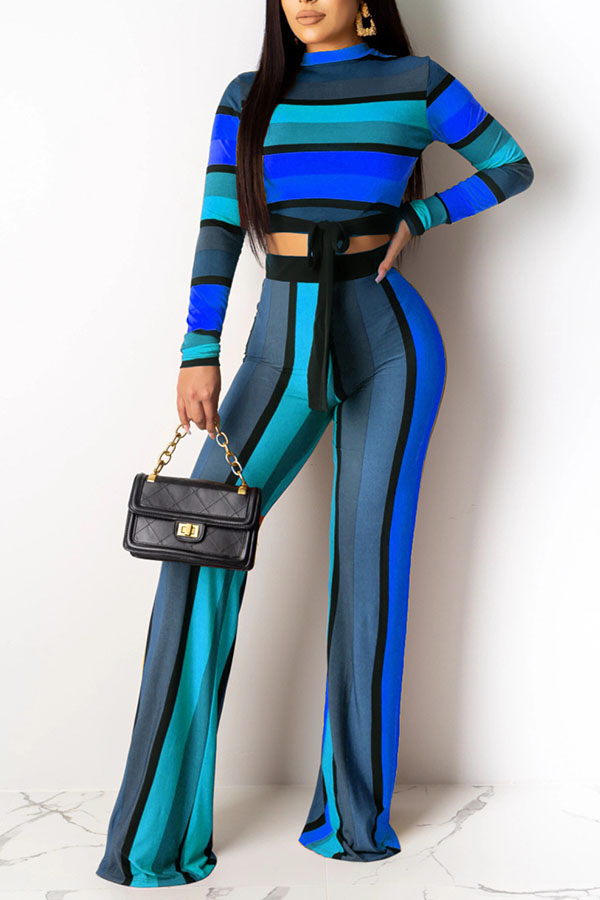 

Lovely Trendy Striped Blue Two-piece Pants Set
