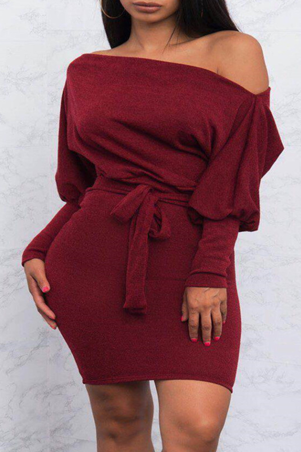 

Lovely Casual Dew Shoulder Wine Red Mini Dress