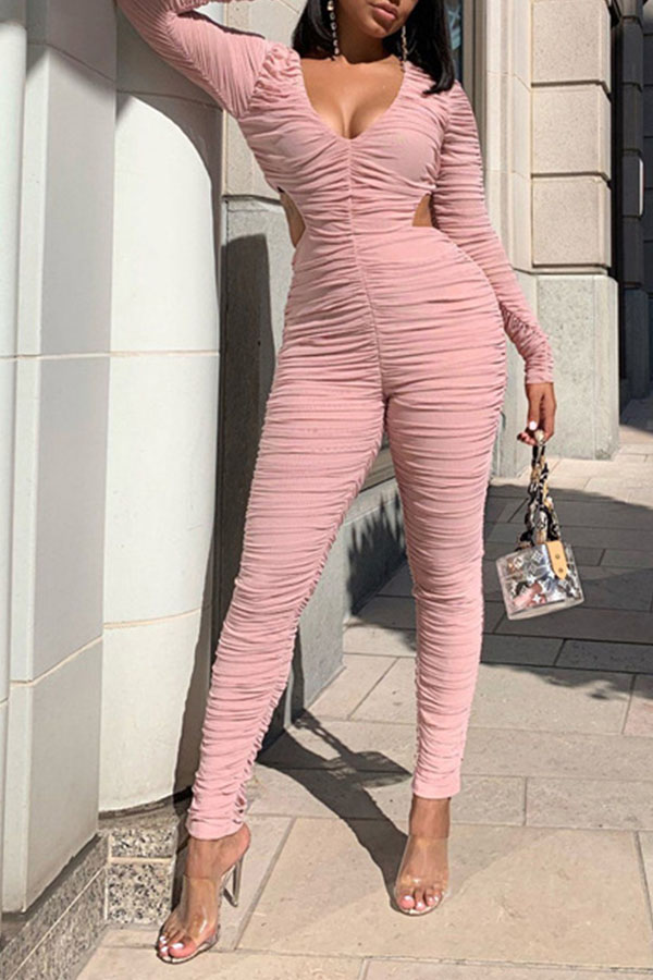 

Lovely Street Fold Design Light Pink One-piece Jumpsuit