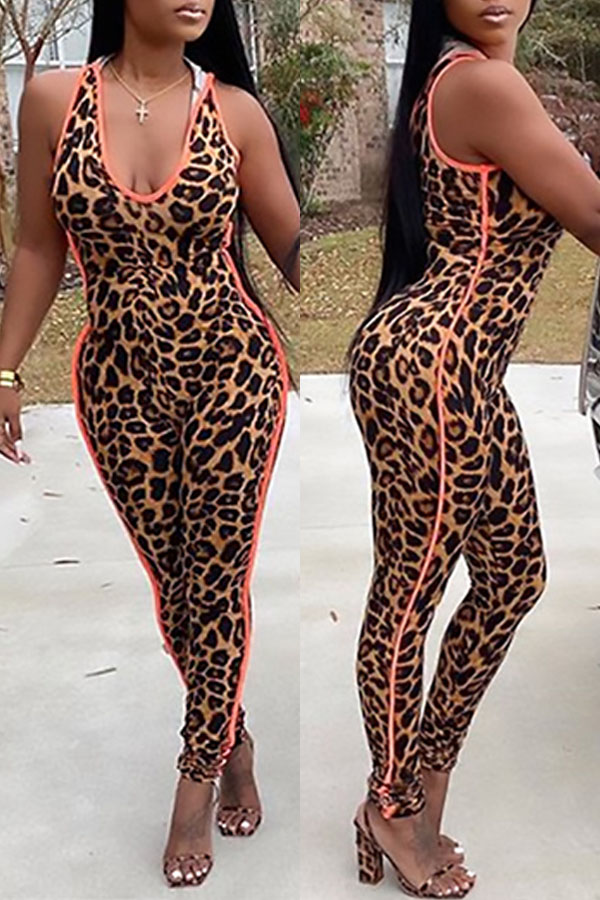 

Lovely Qmilch Street Leopard Basic Skinny Small Elastic Jumpsuit