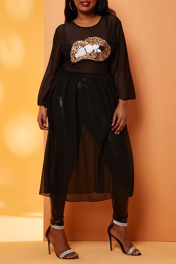 

Lovely Trendy Lip Print Black Plus Size Blouse