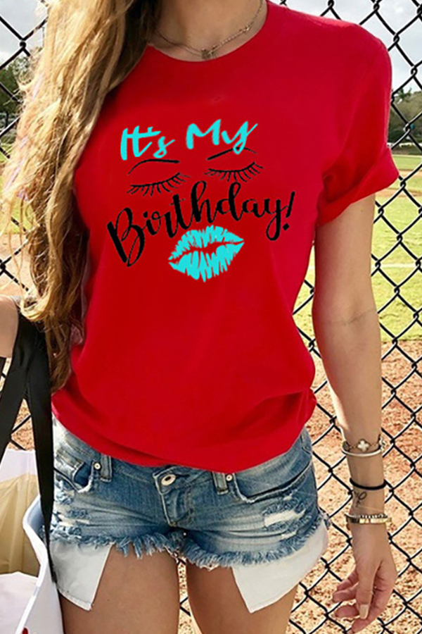 

Lovely Casual O Neck Print Red T-shirt