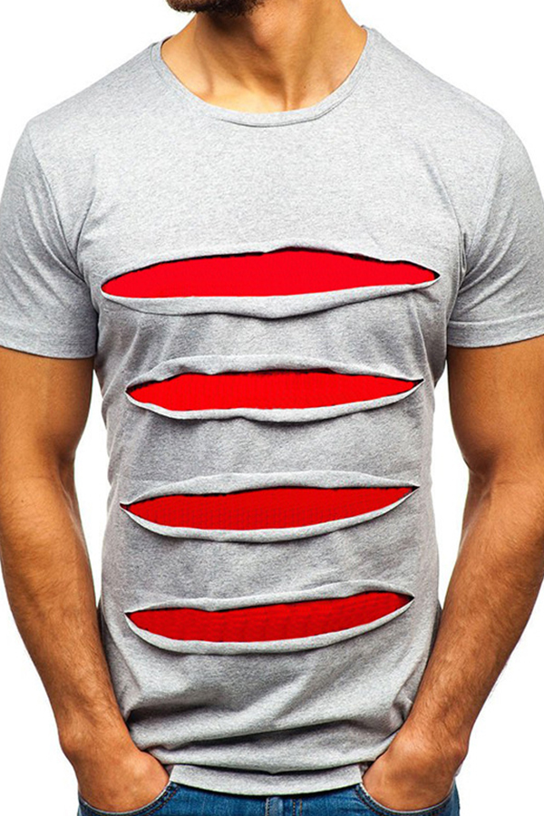 

Lovely Trendy O Neck Patchwork Grey T-shirt