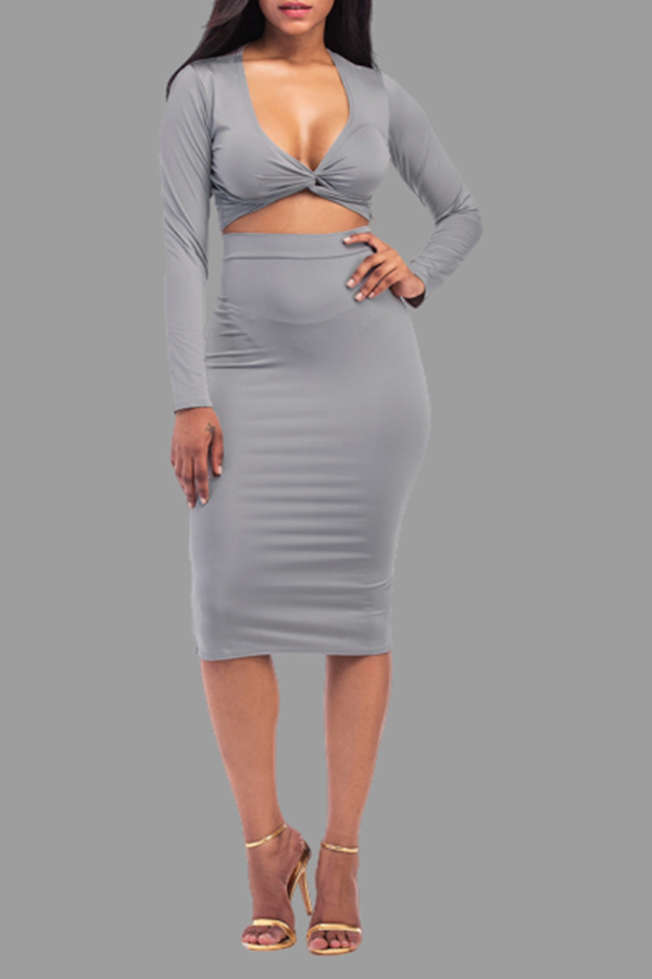 

Lovely Casual Skinny Grey Two-piece Skirt Set