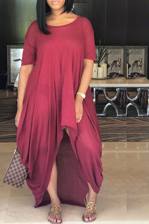 

Lovely Chic Asymmetrical Loose Wine Red Maxi Dress